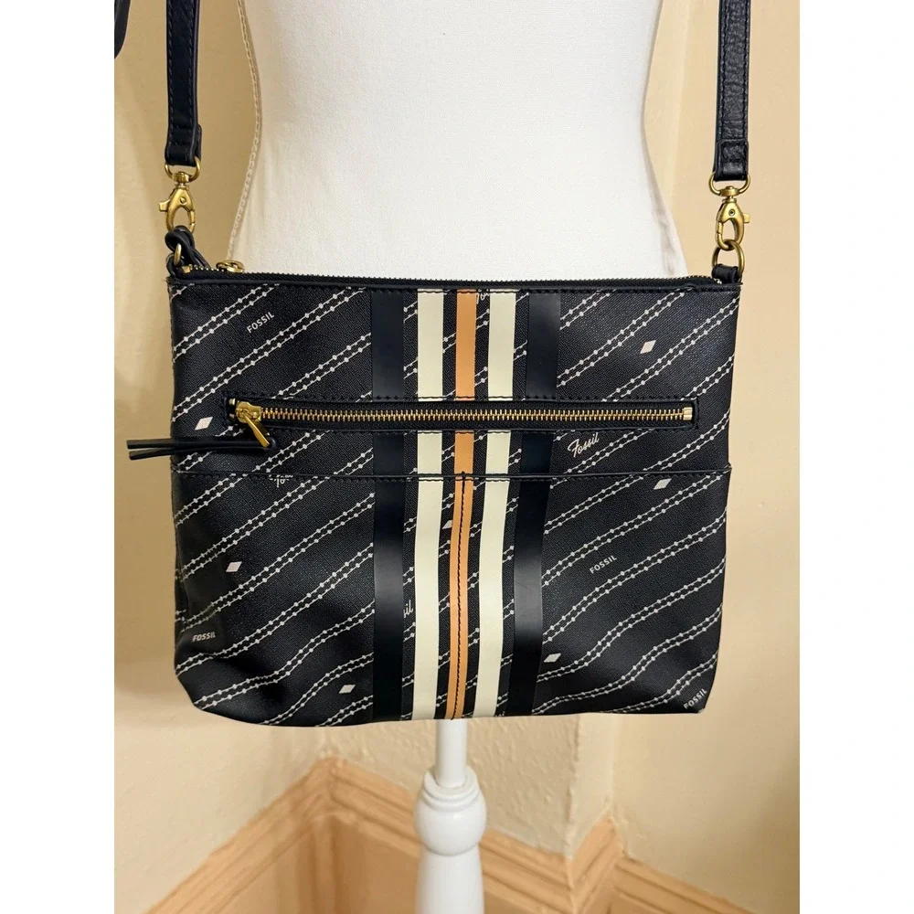 Fossil Black Coated Canvas Striped Logo Crossbody Bag Messenger Purse ZB7915